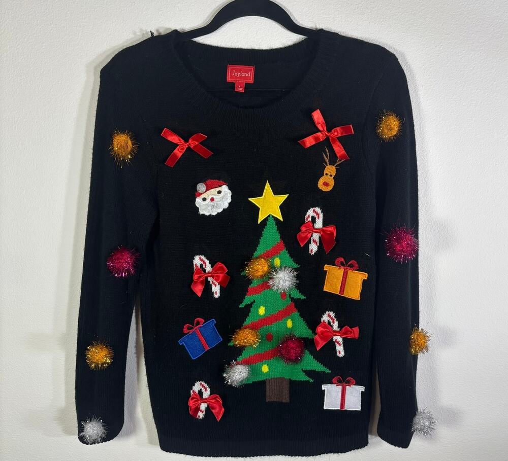 Joyland Womens L Ugly Christmas Sweater 3D Pom Pom Bows Tree Santa Black